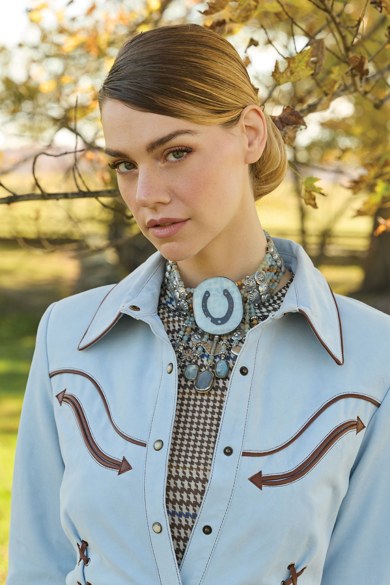 Lozzy wearing a Mummy's Bundle Necklace by Double D Ranch in the style Maura.