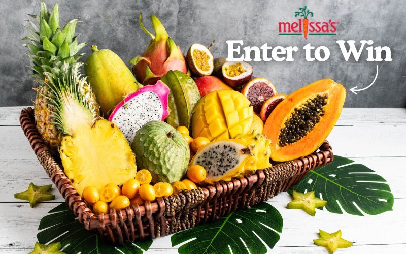 A basket of assorted tropical fruits with a promotional message.