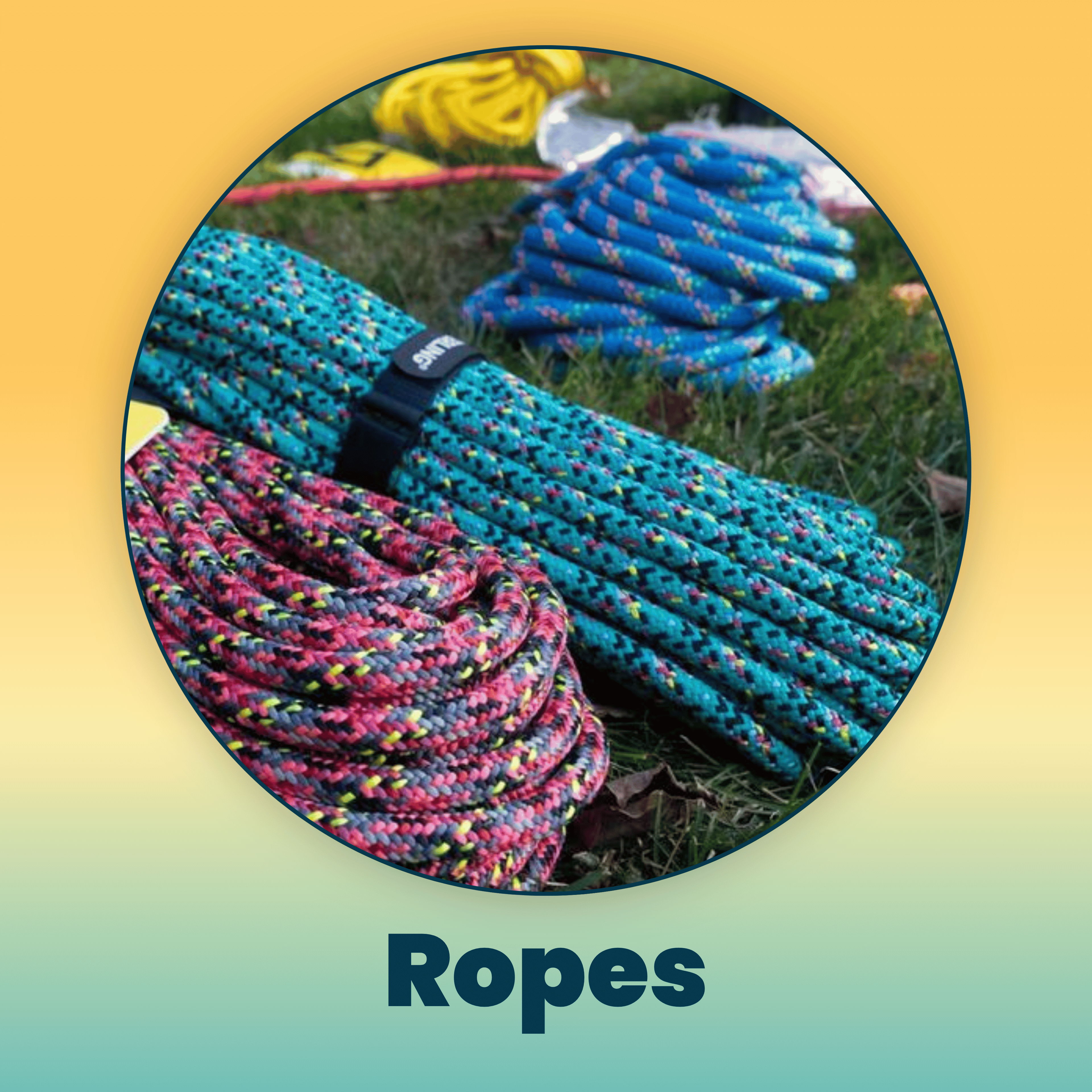 Colorful ropes stacked on the ground, with a gradient background.
