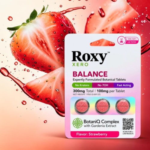 Roxy Balance strawberry-flavored botanical tablets with splash of strawberries.