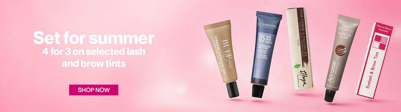 Five cream tubes on a pink background with summer promotion text.