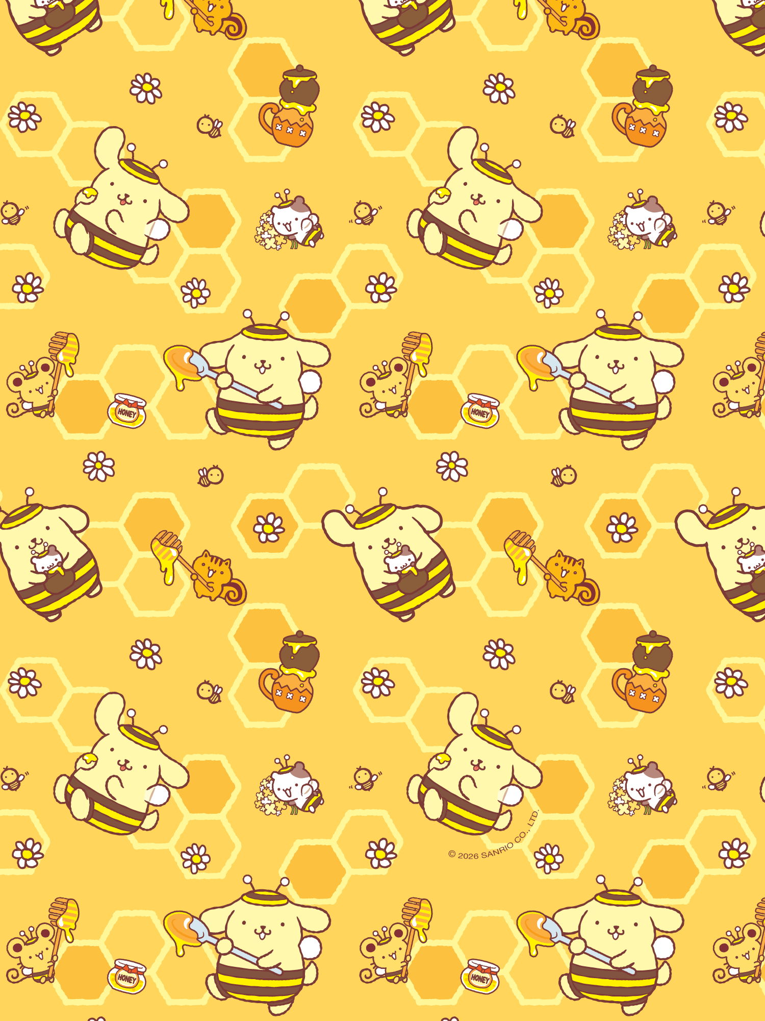 A yellow patterned background featuring cute bee characters and honey-related items.