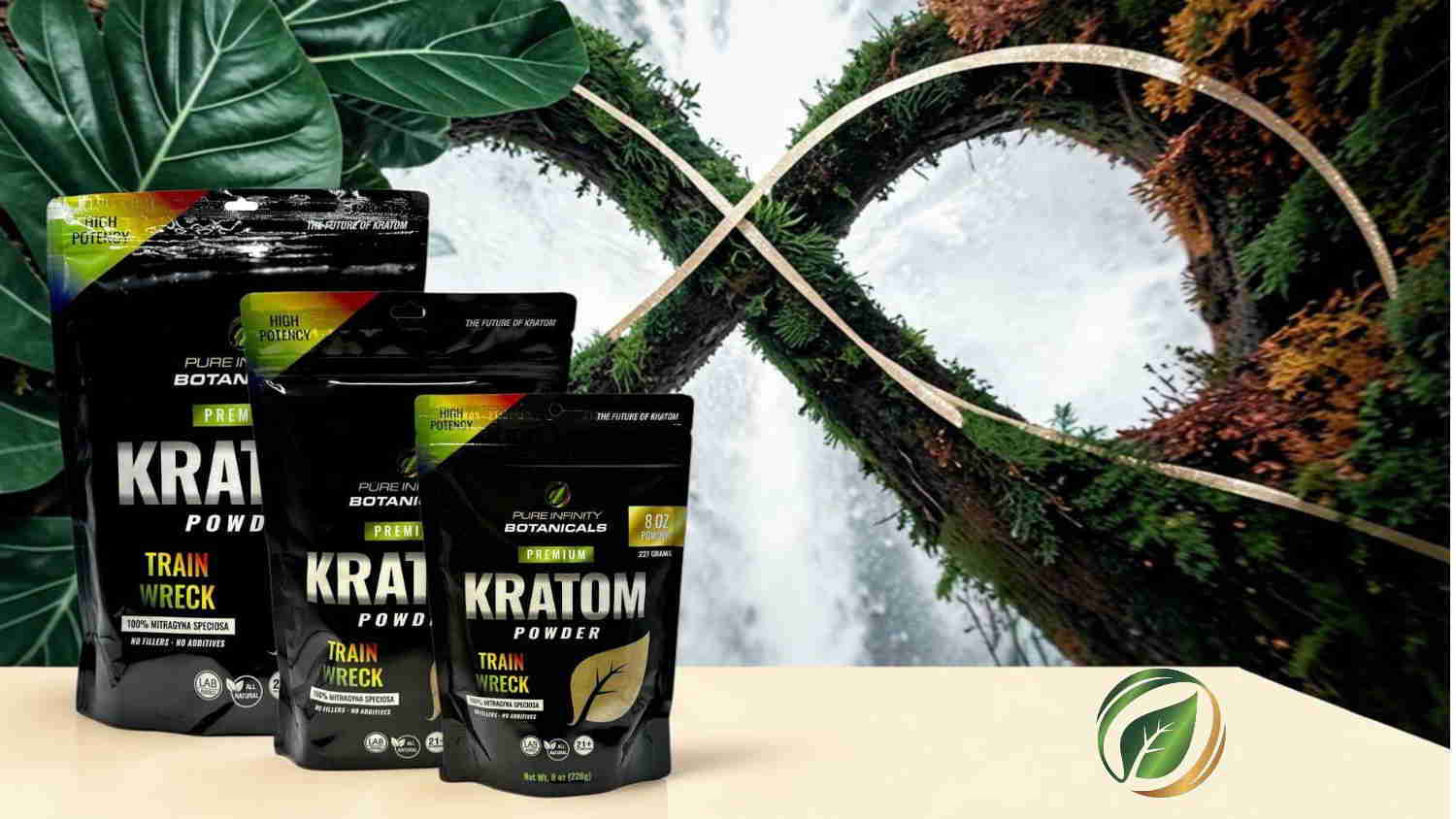 Three packaging bags of kratom on a natural background.