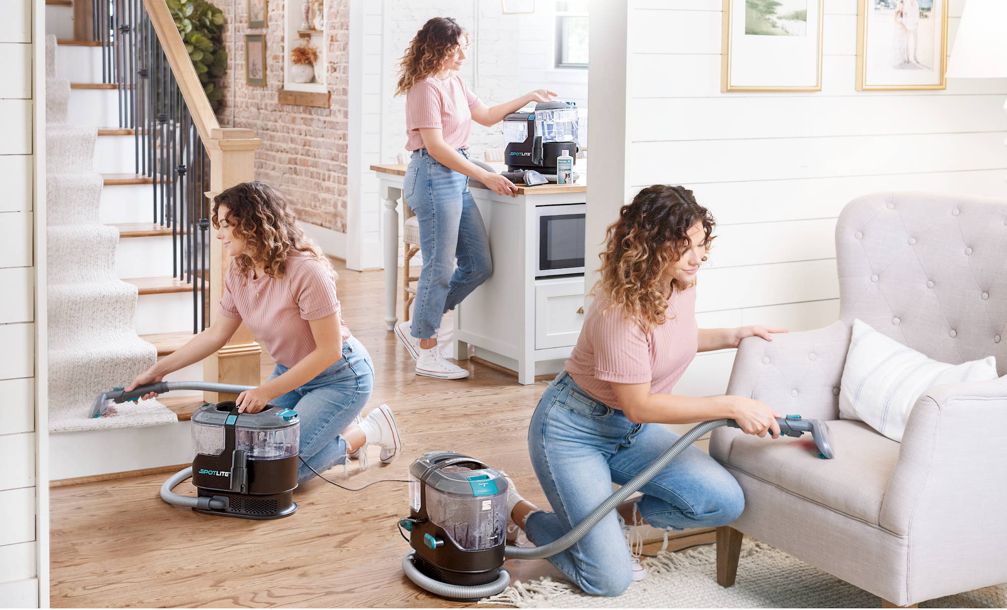 Woman using SpotLite™ vacuum on the stairs, couches, and countertop.