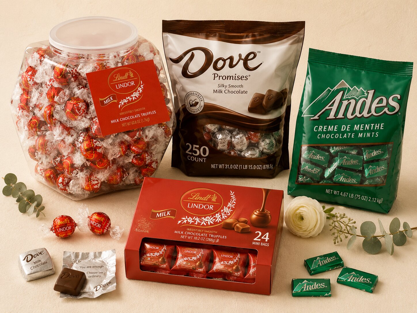 The Client Gift and Reception Suite bulk chocolate bundle: Lindt Lindor milk chocolate truffle tub, Dove Promises milk chocolate, Andes Creme de Menthe mints, and Lindor mini bags