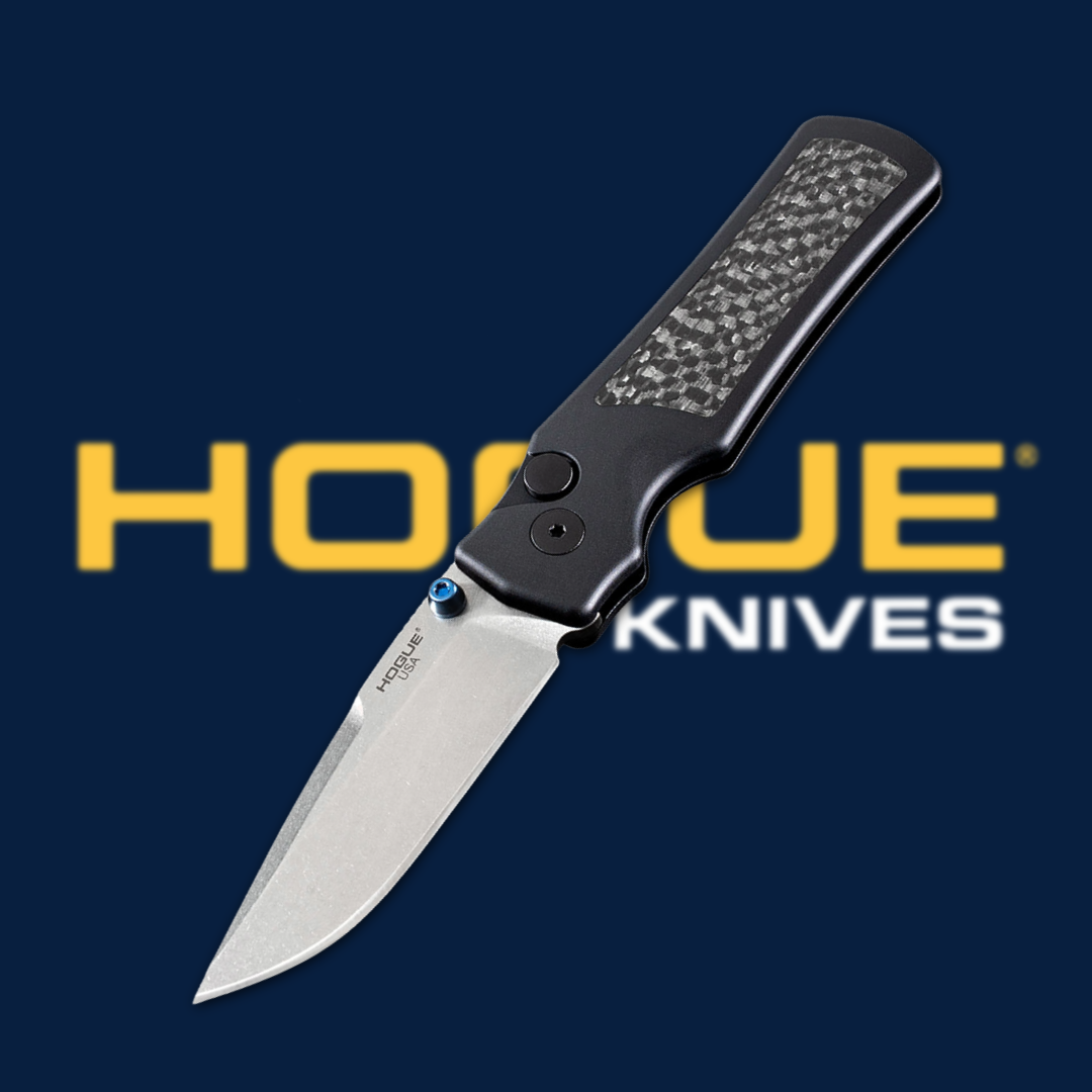 A folding knife with a black handle against a blue background.
