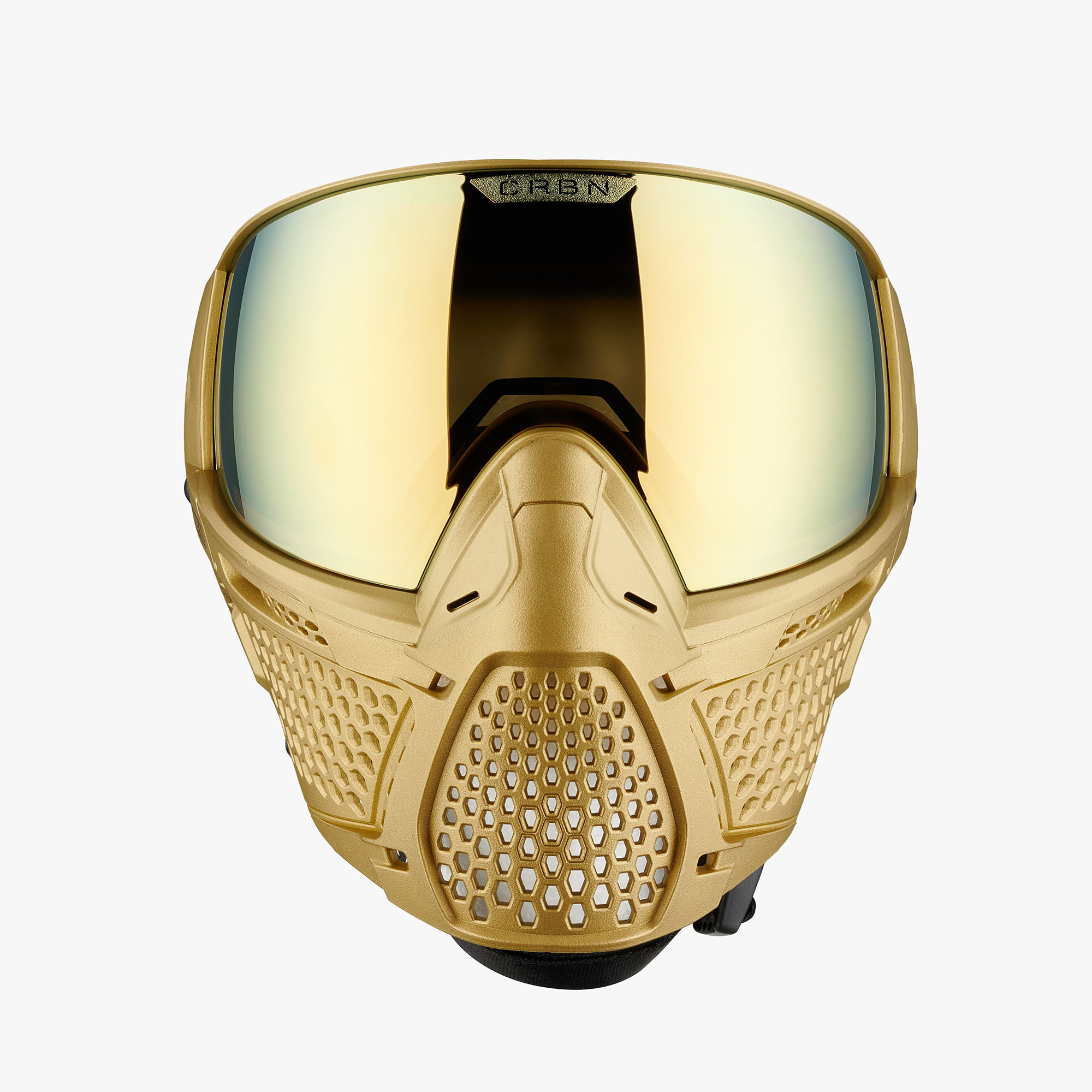 Gold paintball mask with reflective lenses and ventilation holes.