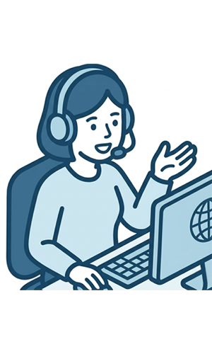 Woman wearing a headset, speaking while using a computer.