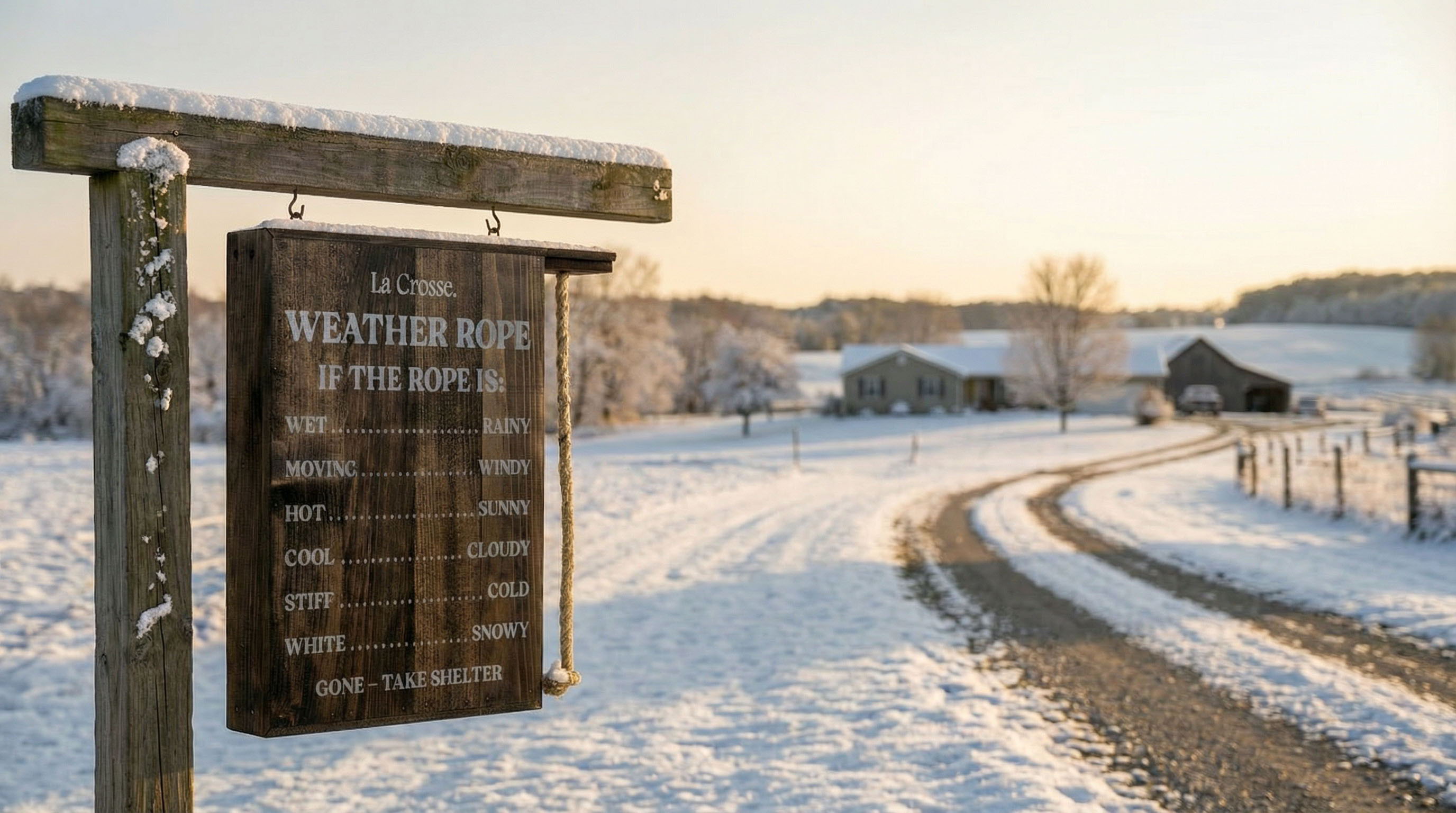 The La Crosse Weather Rope in a snowy Winter landscape with a winding road and farm buildings.