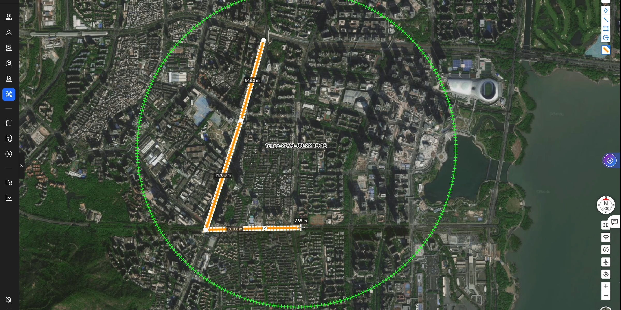 Map view with highlighted area and circular boundary.