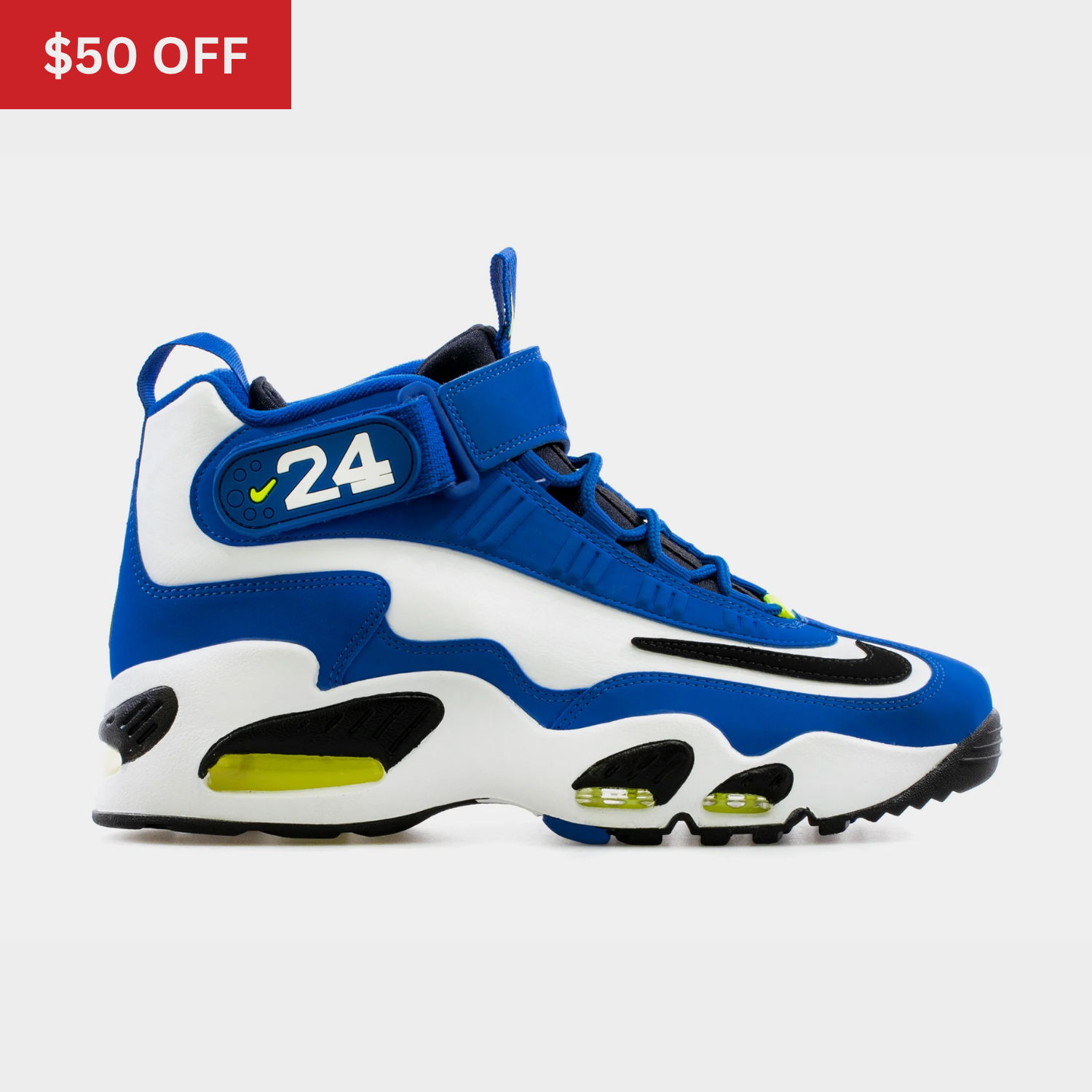 Blue and white high-top sneakers with a $50 off tag.