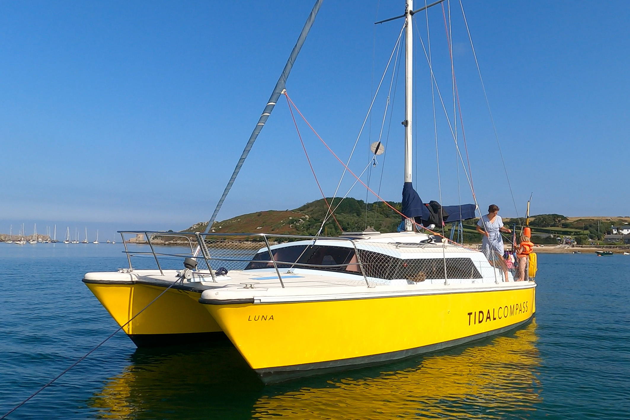 Luna the Tidal School catamaran in the isles of scilly before setting off to France