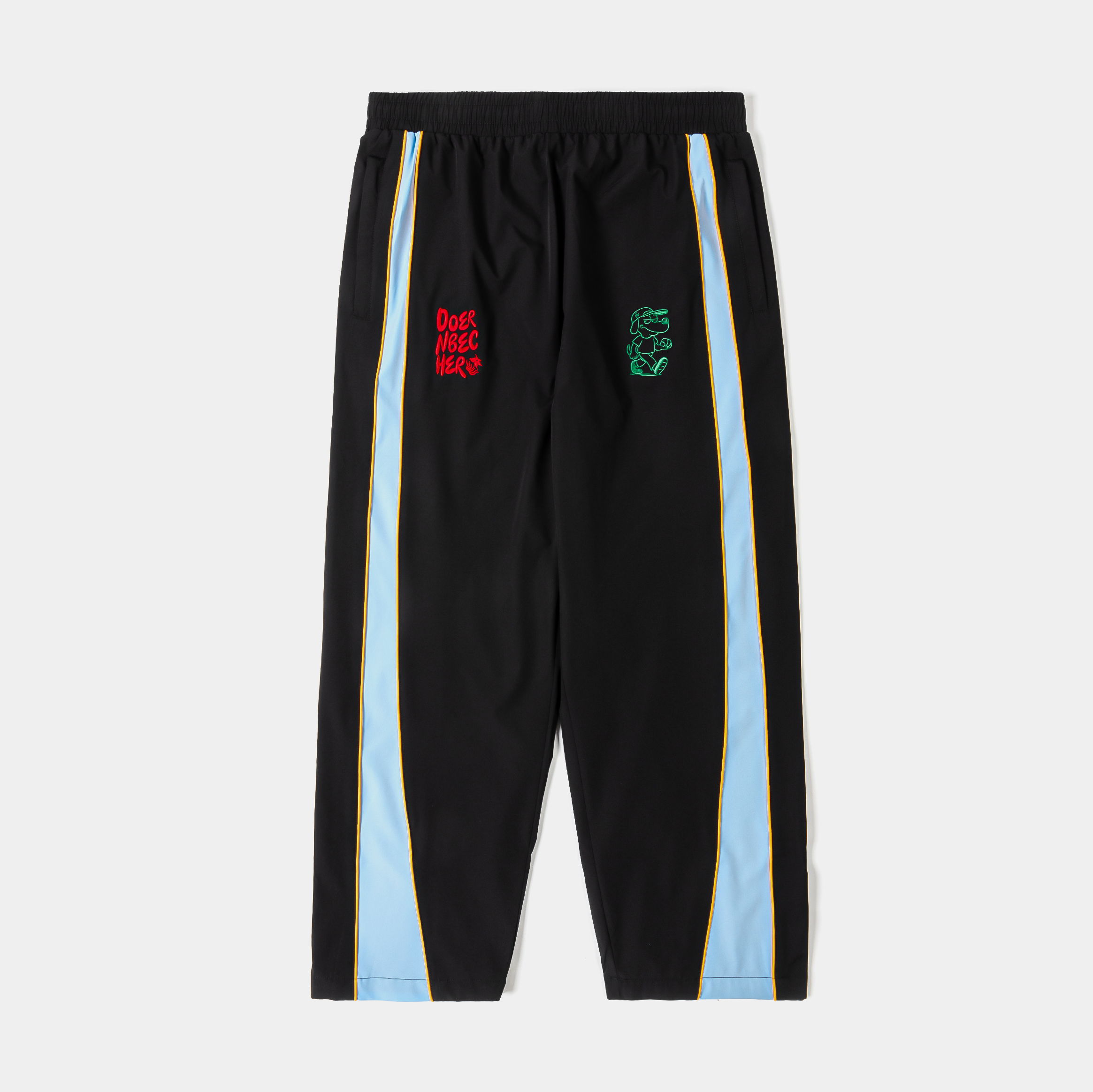 Black athletic pants with red and green accents and blue side stripes.
