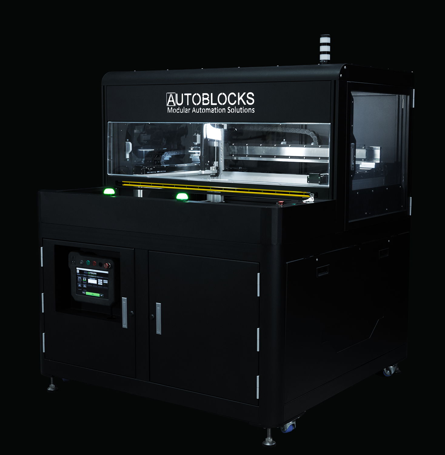 AutoBlocks AB-R2 PCB routing machine with twin-tables for high-volume PCB depaneling. PCB Router, Robotics, Automation.
