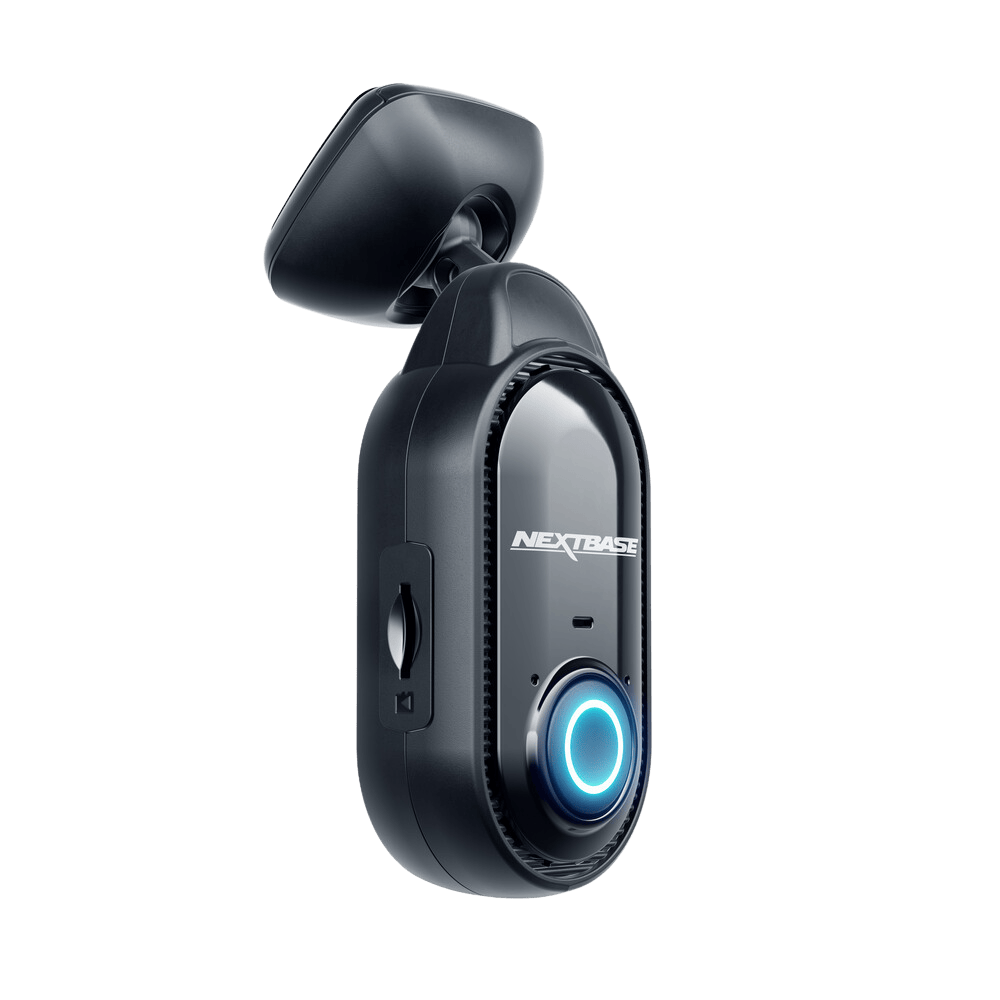 A sleek black device with a blue button, likely a camera or recorder.