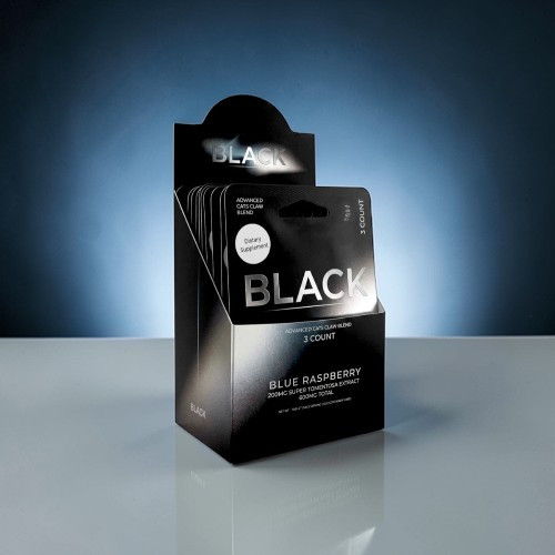 Black face mask packaging on a reflective surface with a blue background.