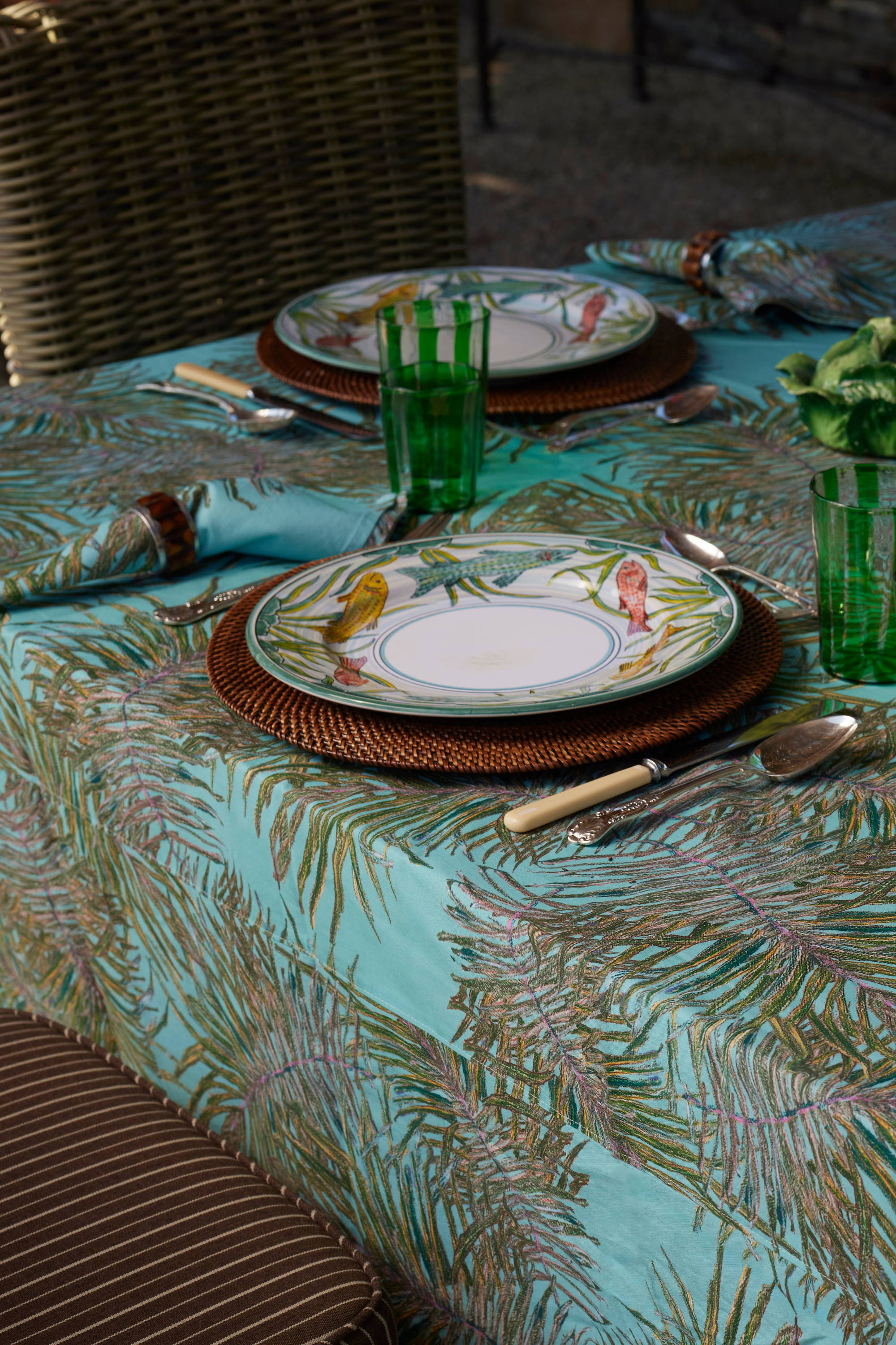 Green cotton table clothing by Ala von Auersperg
