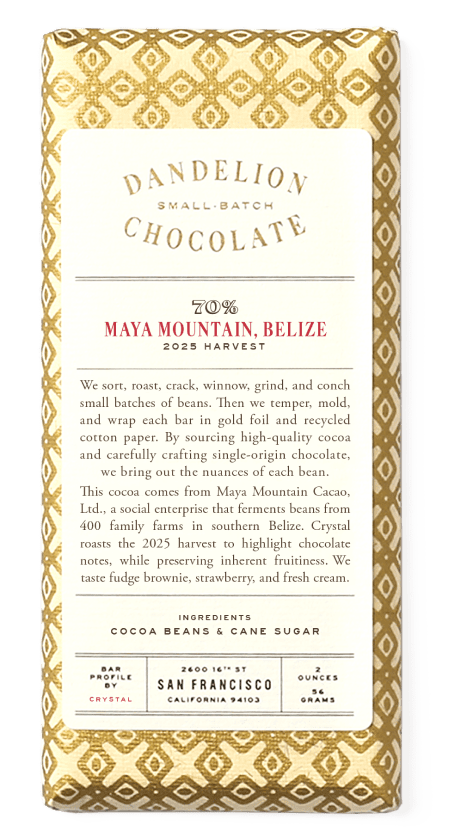 Dandelion Chocolate bar packaging from Maya Mountain, Belize, with description and ingredients.