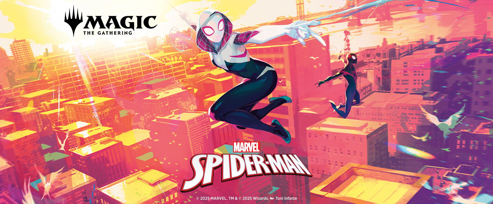 Spider-Gwen and Spider-Man swinging through a vibrant, colorful cityscape.