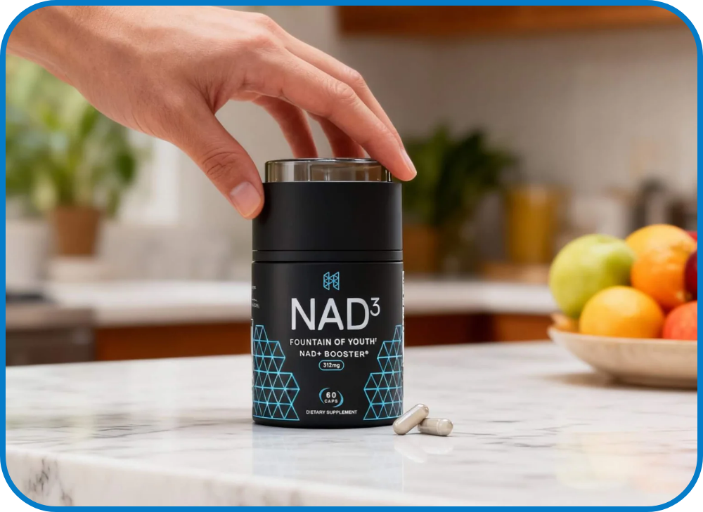 Hand reaching for a black container of NAD+ supplement on a kitchen counter.