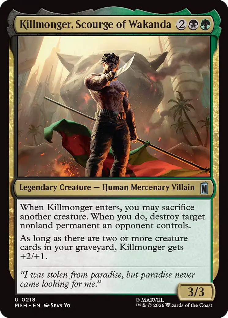 The MTG card Kilmonger Scourge of Wakanda from Marvel Super Heroes.