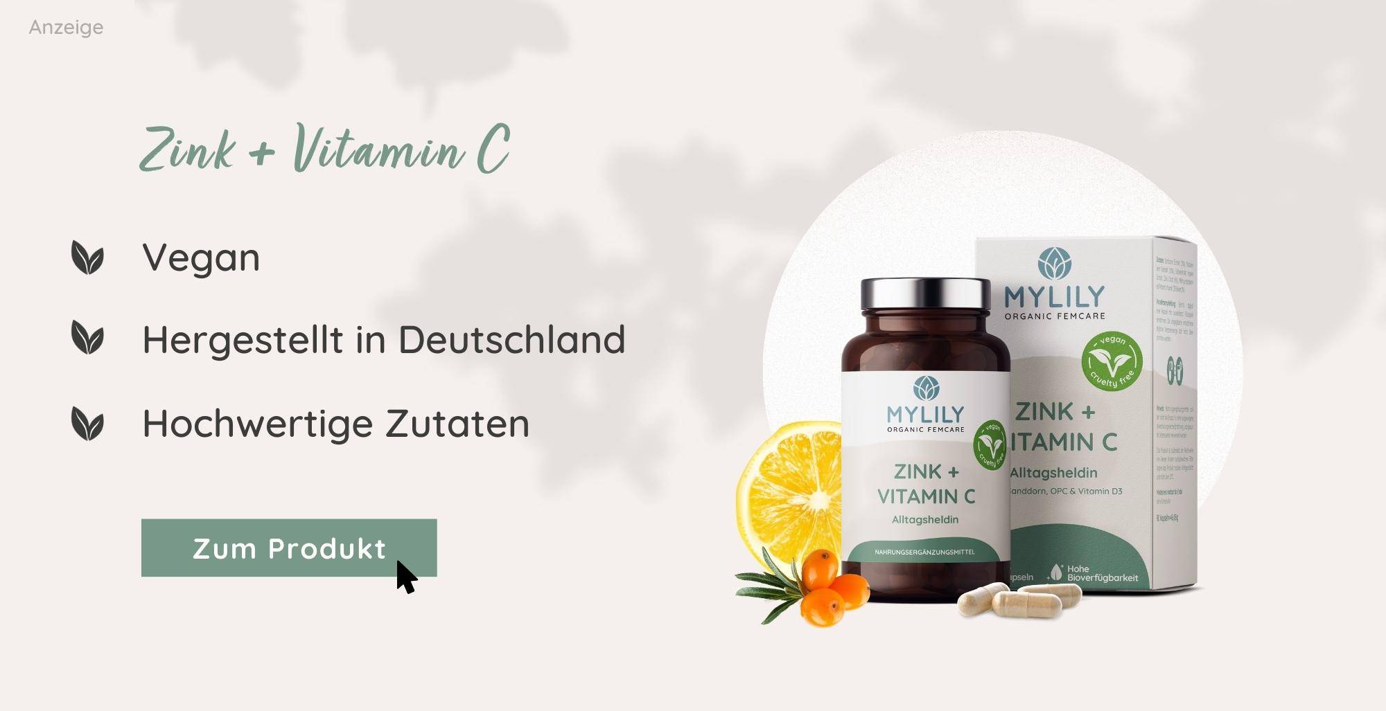 Vitamin C und Zink Nahrungsergänzung | MYLILY organic femcare | vegan & hergestellt in Deutschland | in Kapselform oder als Pulver einnehmbar 