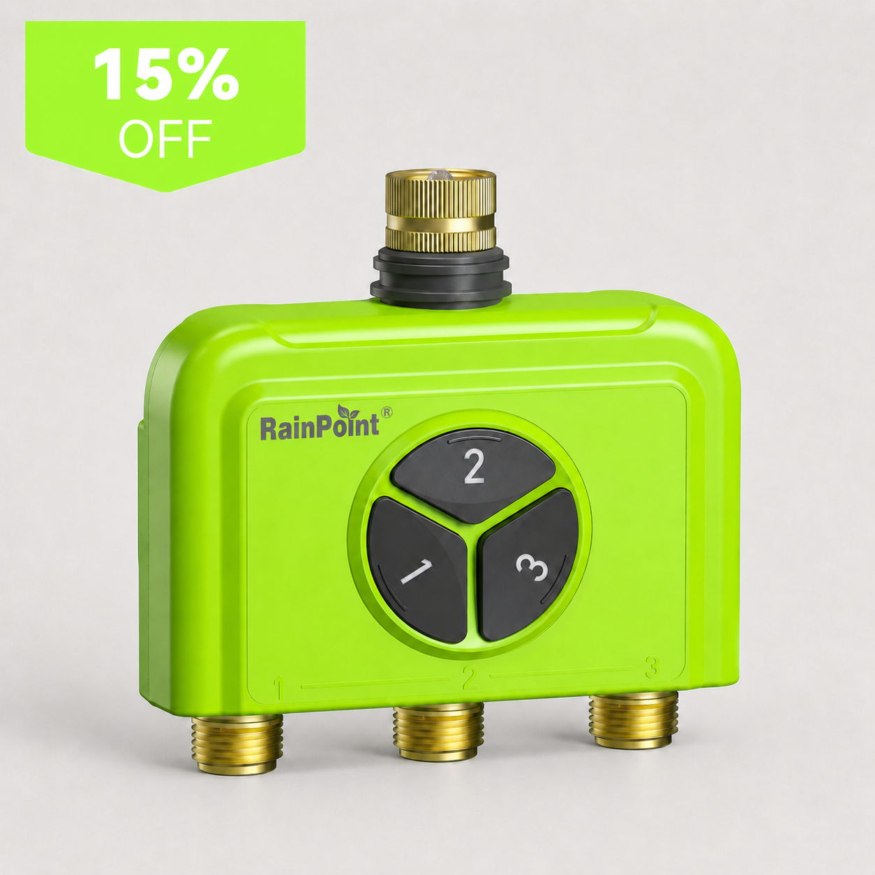 Green garden hose splitter with three outlets and a discount label.