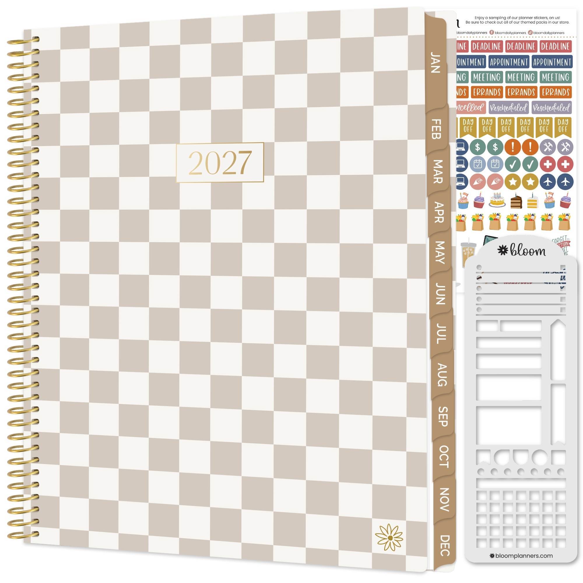 a 2027 calendar year soft cover planner with a tan and white checkered pattern