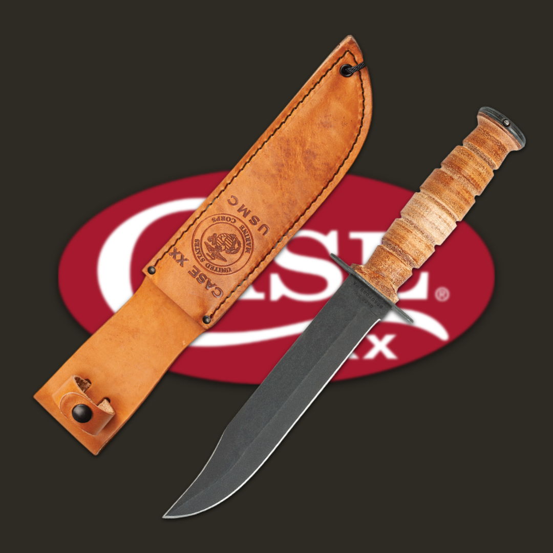 Knife with leather sheath and wooden handle against a dark background.