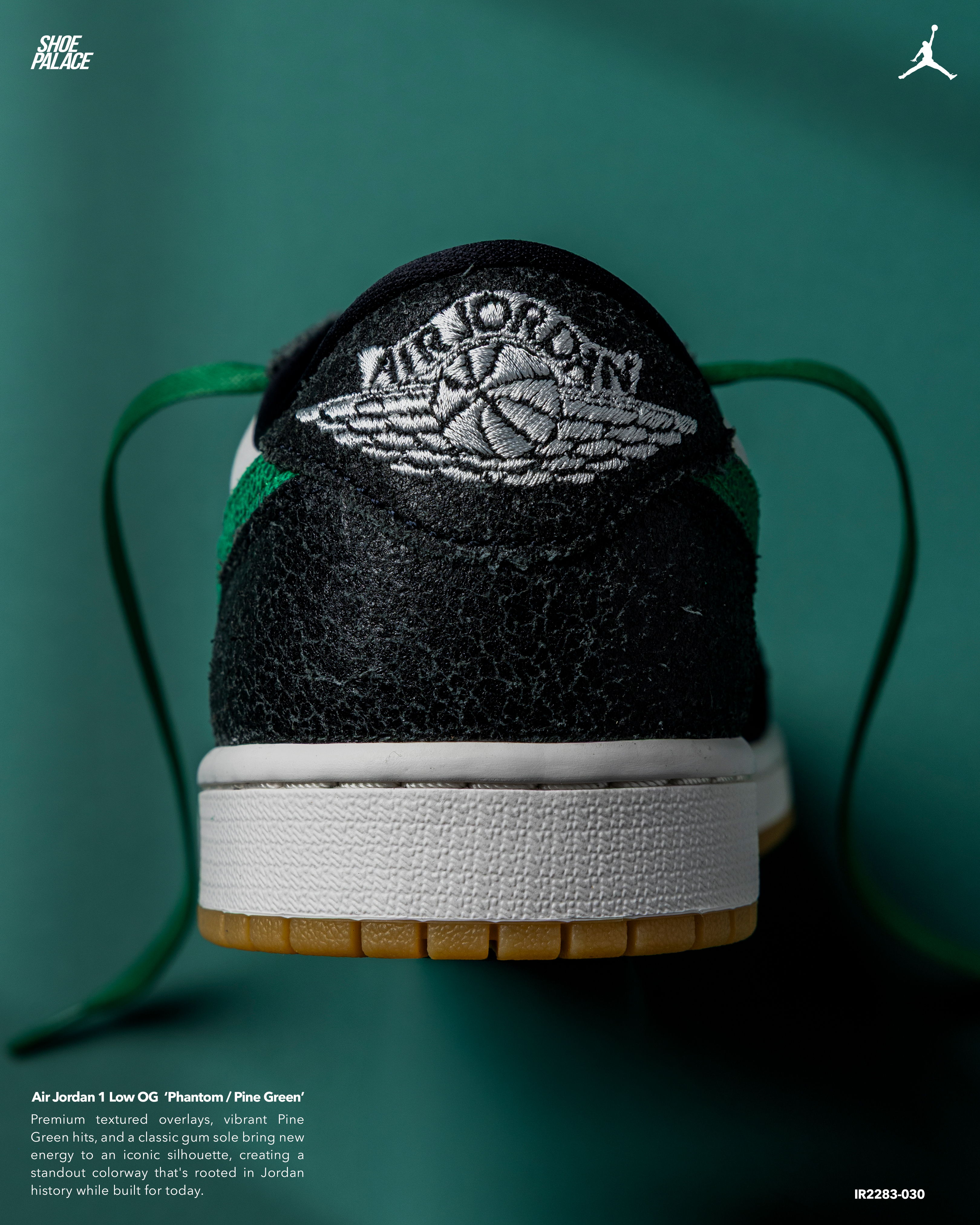 Air Jordan sneaker from the back, featuring green accents and logo.