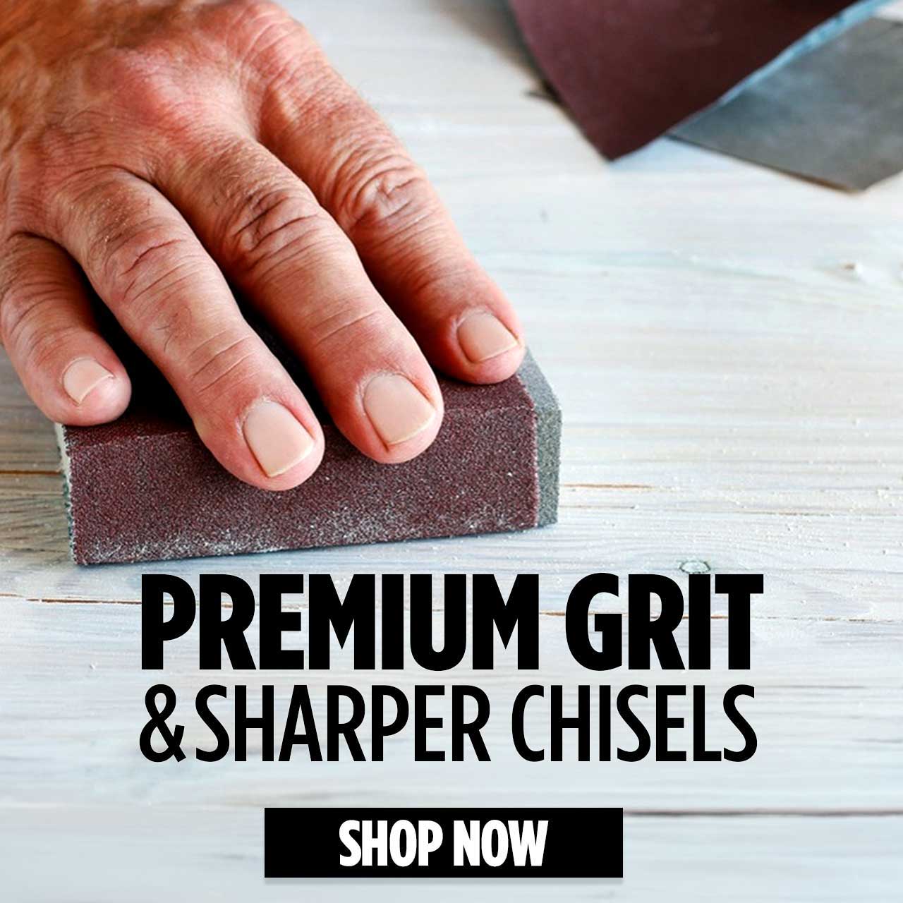 Hand holding a sanding block with text promoting premium grit and sharper chisels.