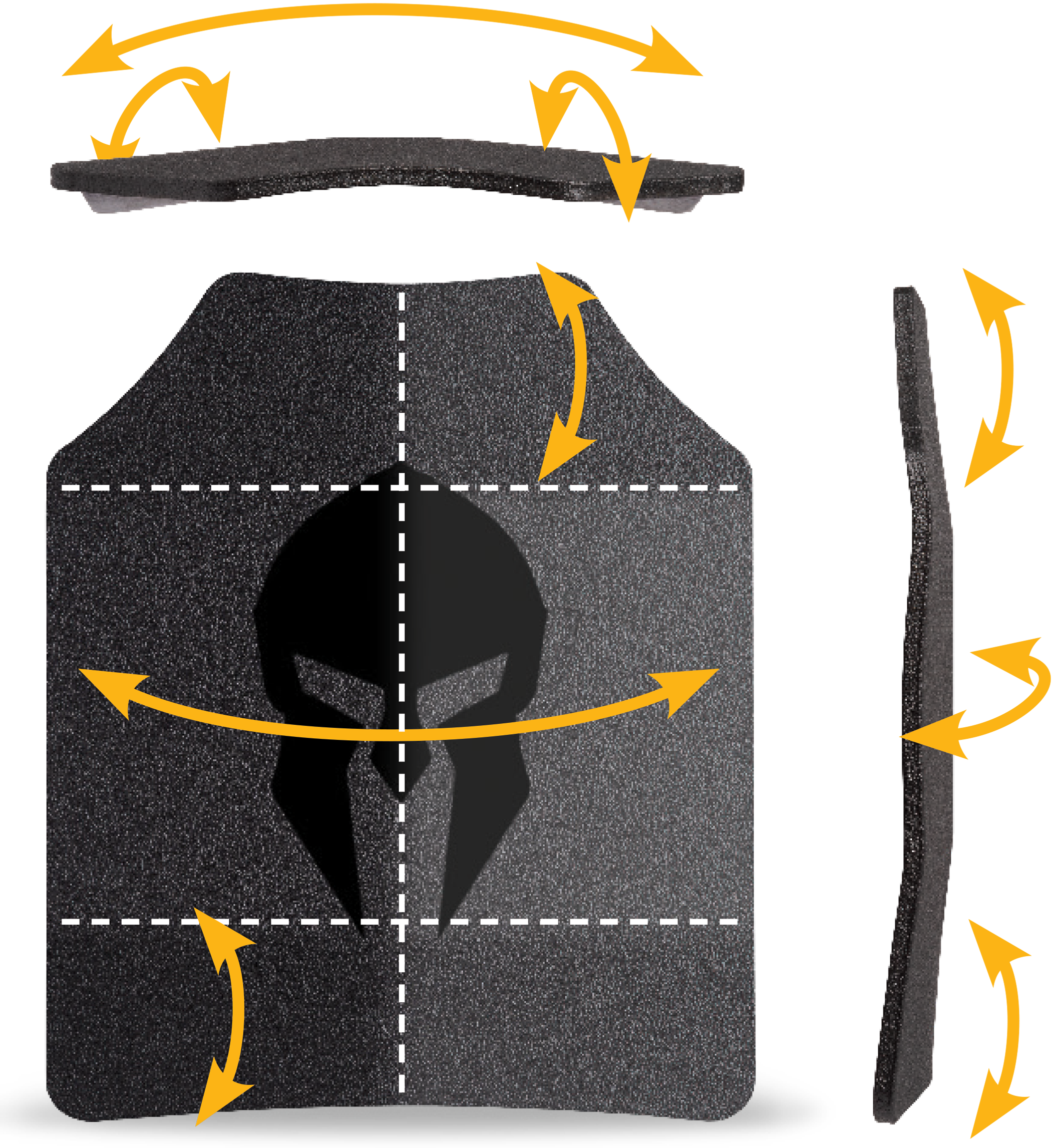 Illustration of a tactical body armor plate with directional arrows.