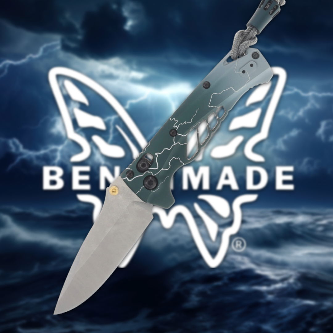 A folding knife in front of the Benchmade logo.