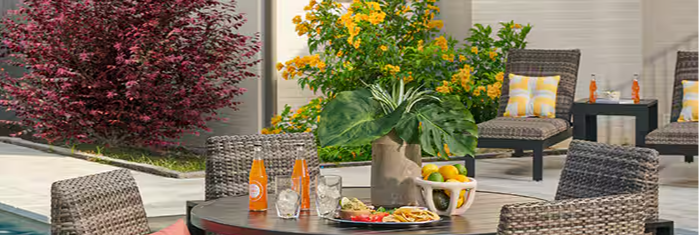Outdoor dining set with chairs, table, drinks, and decorative plants by a pool.