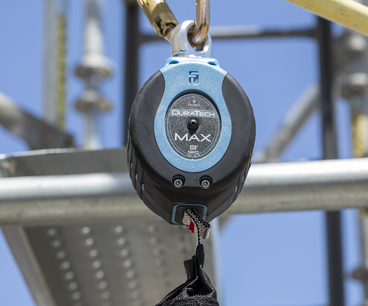 DuraTech MAX self-retracting lifeline hanging from scaffolding