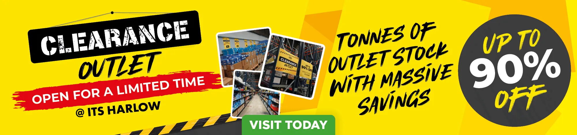 Clearance outlet sale with discounts up to 90% off for a limited time.