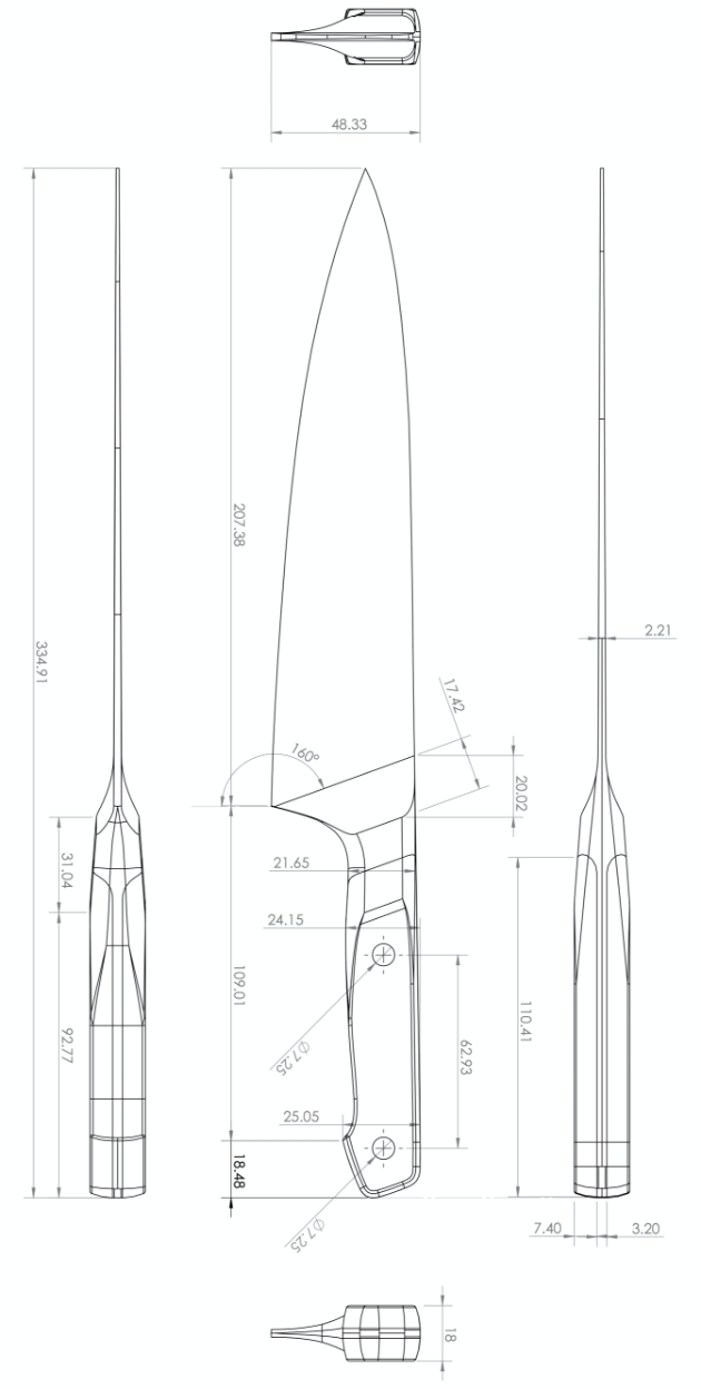 Patent drawing of the Misen Chef's Knife.