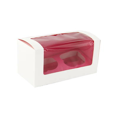 A rectangular paper cupcake box with a red window