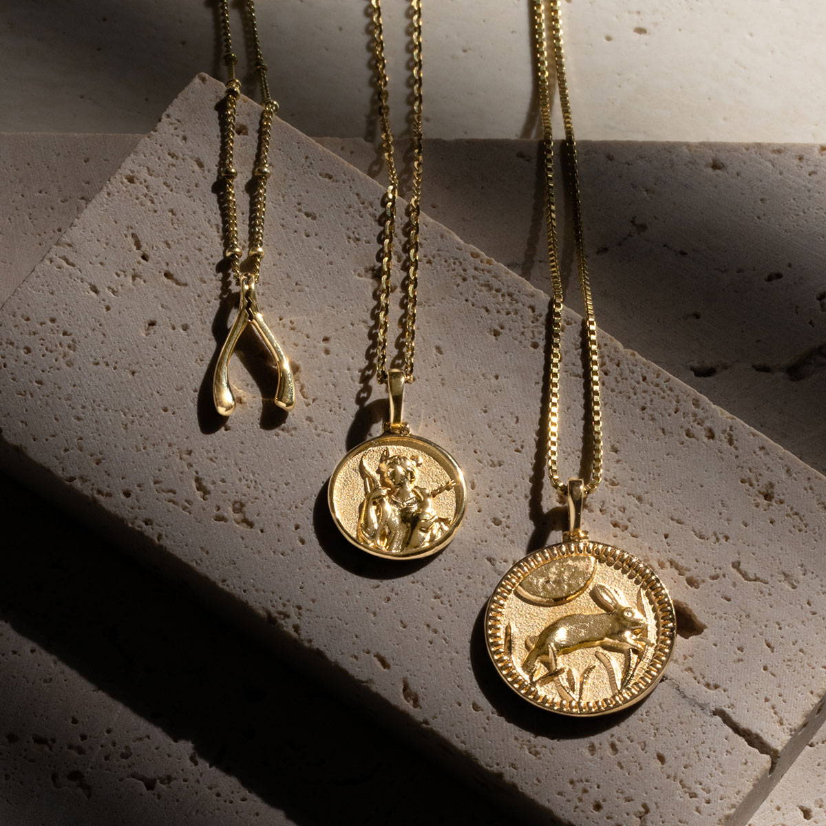 Mini goddess Artemis, Moon rabbit pendant and wishbone amulet in gold vermeil