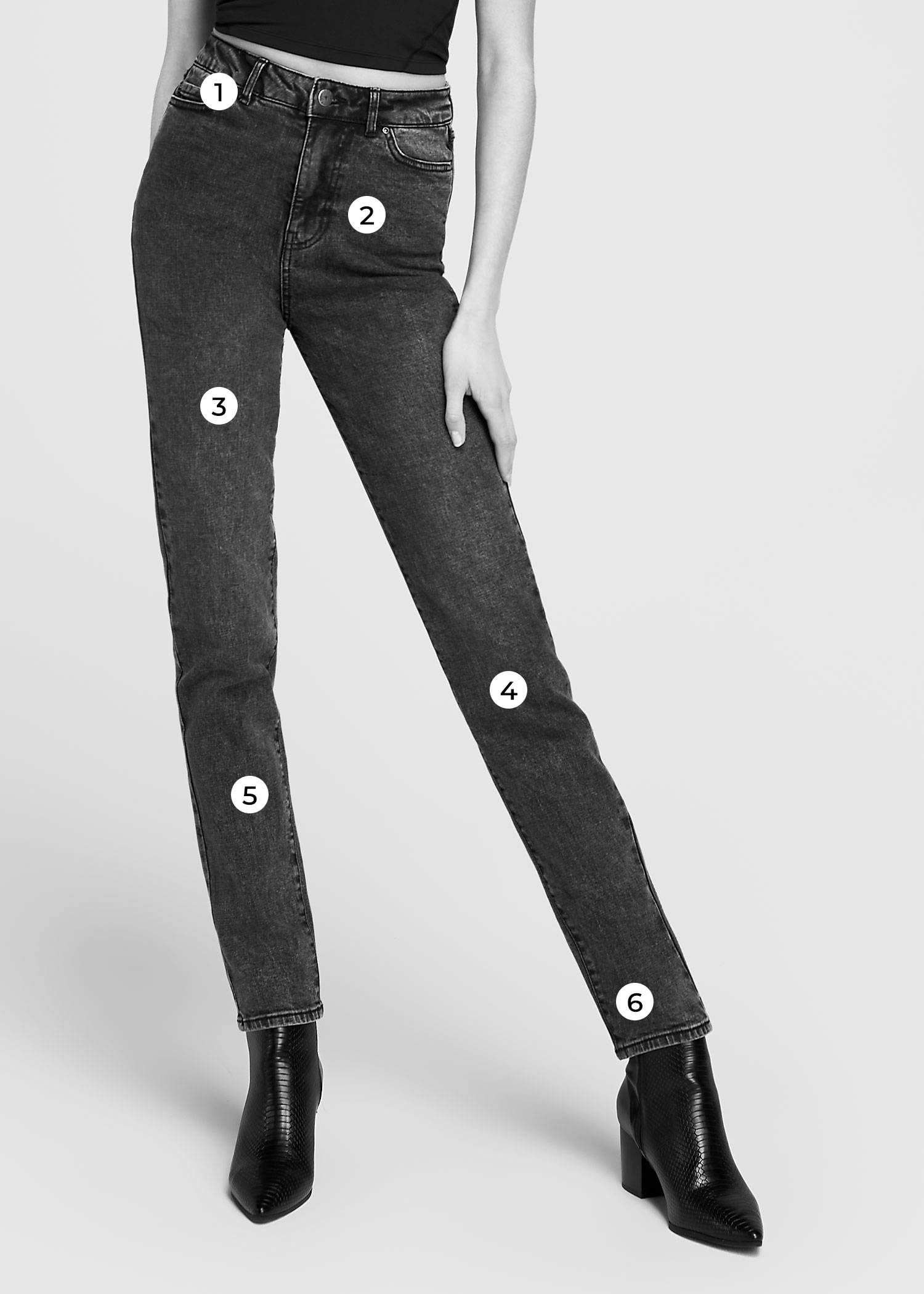 Tall model wearing black jeans