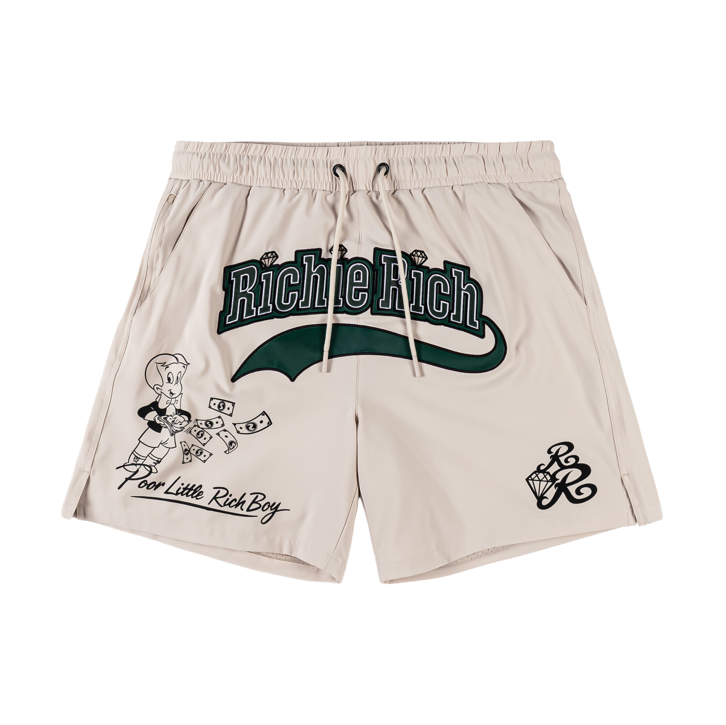 Beige swim shorts with graphic designs and text.