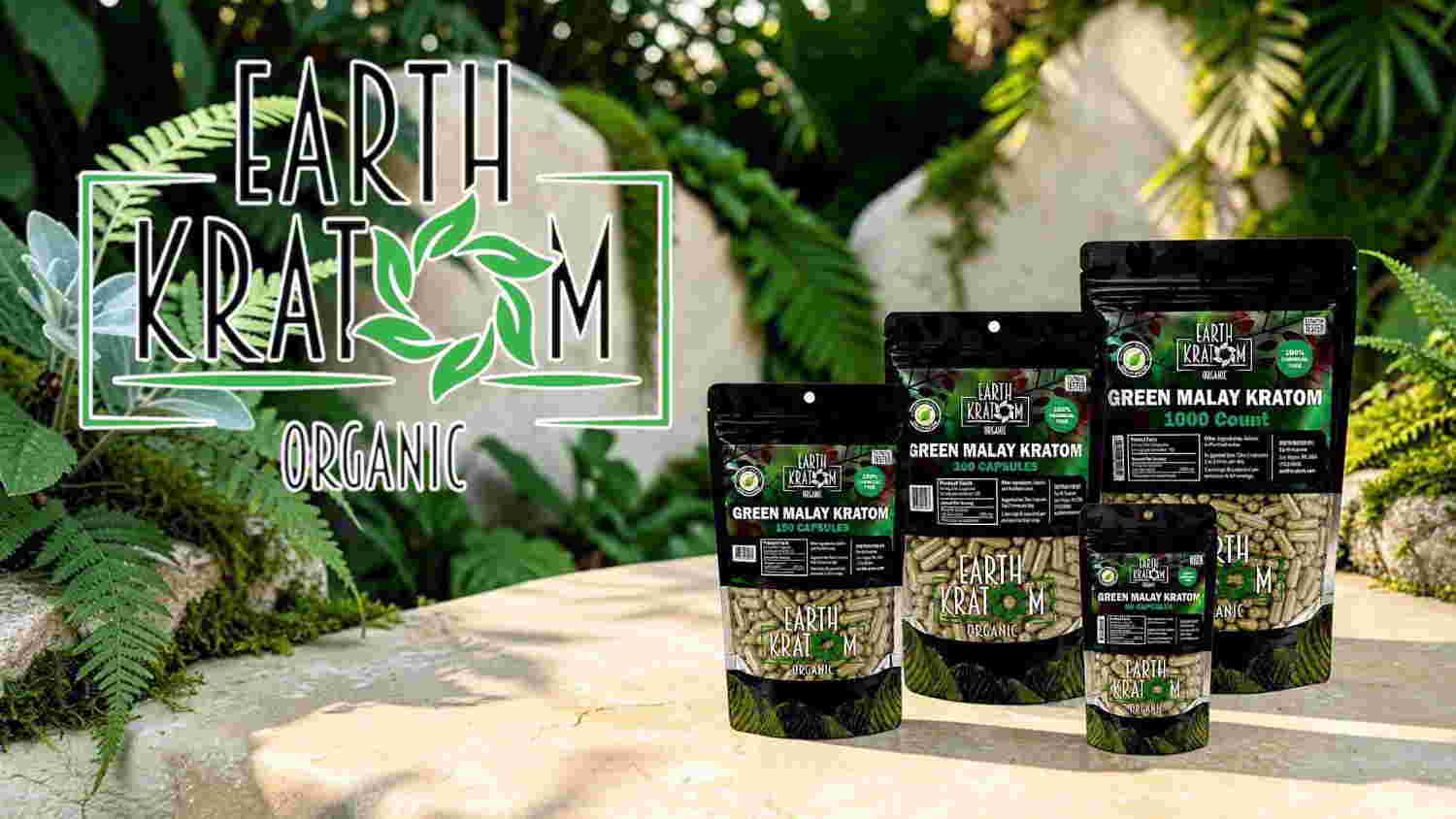 Products from Earth Kratom displayed amidst greenery.