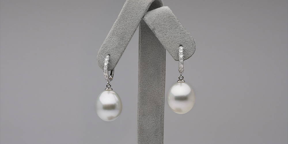 Custom 14.0-15.0mm White South Sea Tear Drop-Shape Pearl and Diamond Hoop Earrings