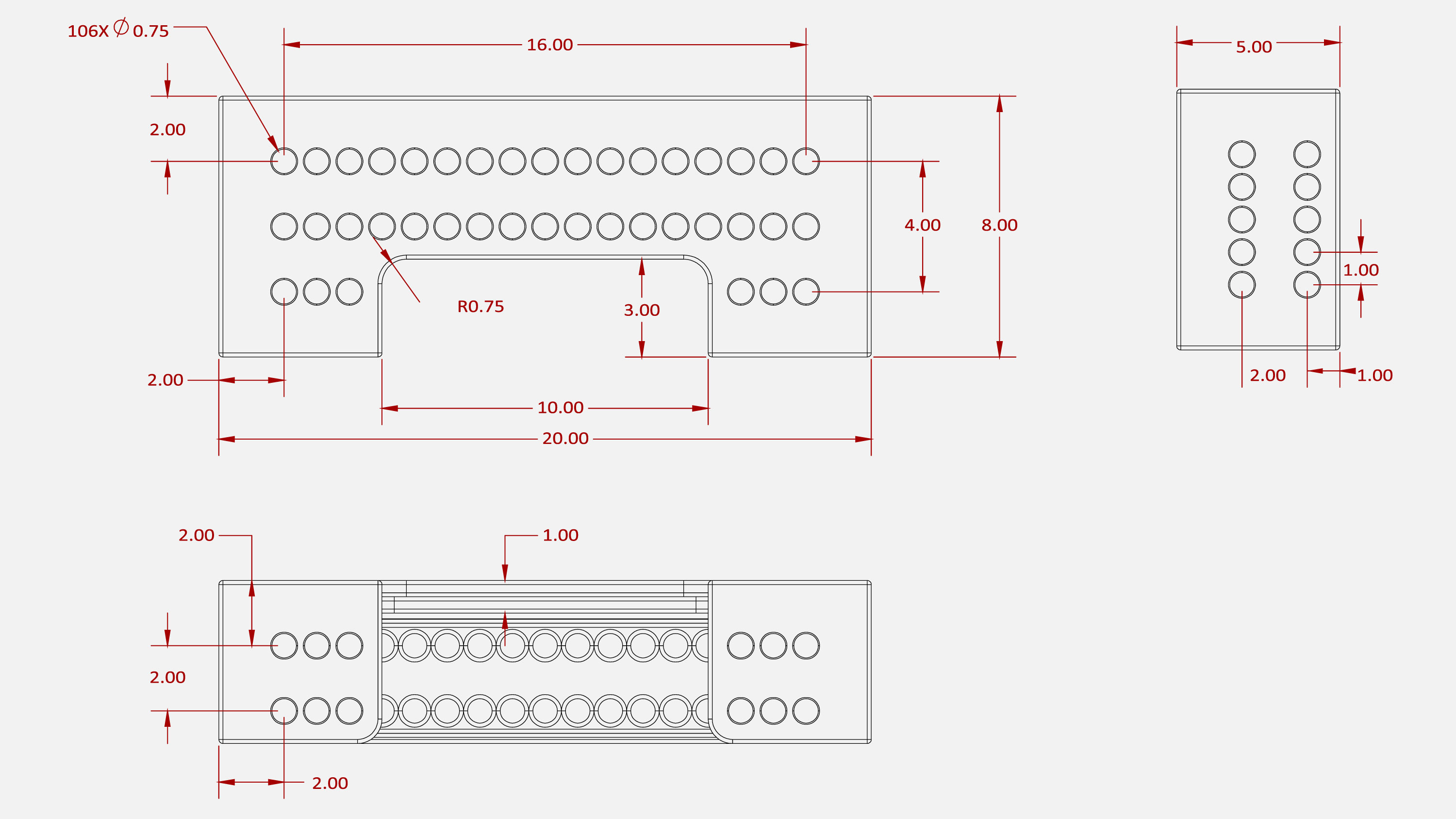 Technical drawing with dimensions and multiple views of a rectangular object.