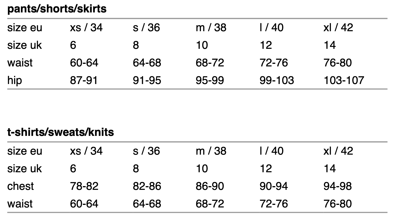 women's size guide – minimum all rights reserved