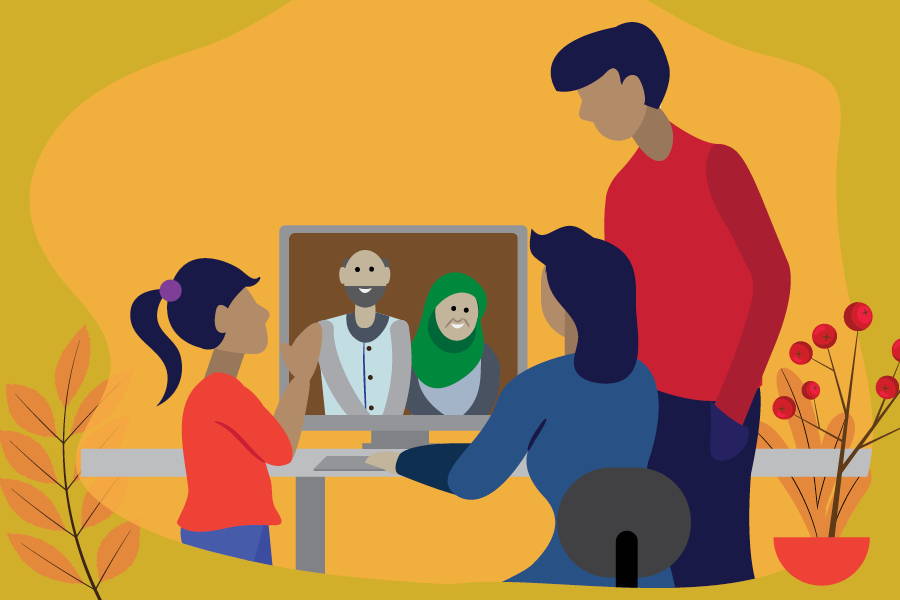 vector image of family speaking with others remotely