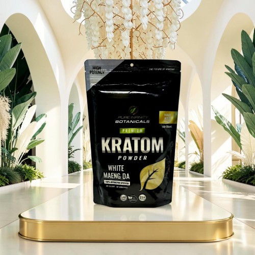 Kratom powder package displayed on a decorative table in a bright setting.