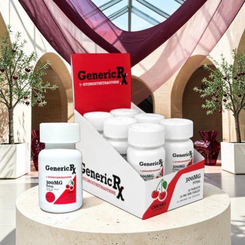 Display of GenericRx medication bottles in a modern setting.