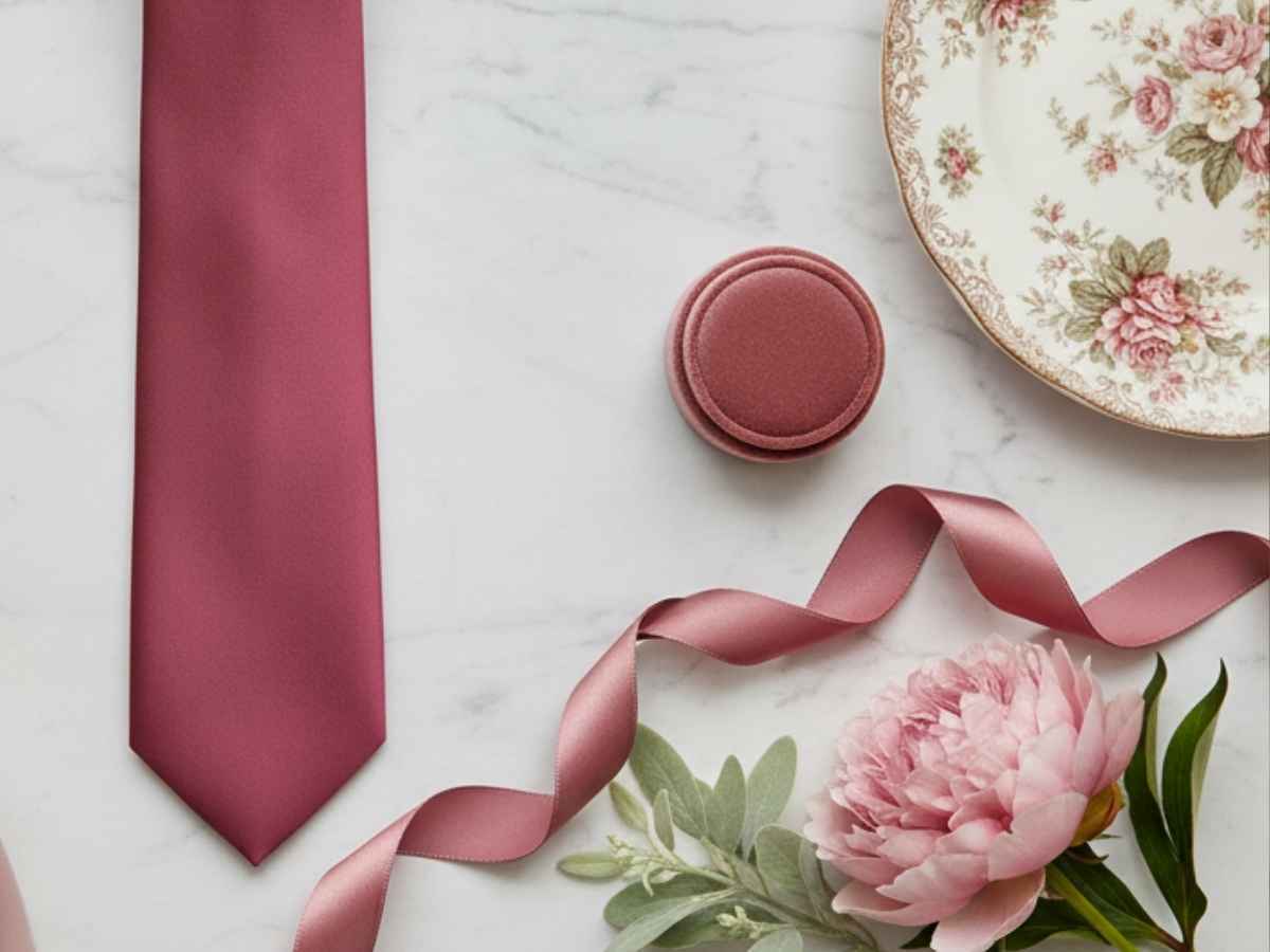 Wedding flay lay featuring cinnamon rose wedding items, including a necktie, ribbon, ring box, greenery and floral plate