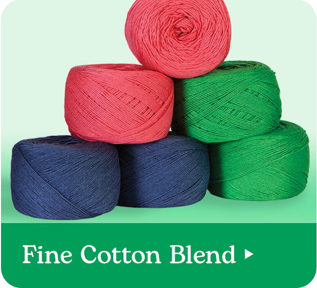 Colorful yarn balls stacked, labeled as Fine Cotton Blend.